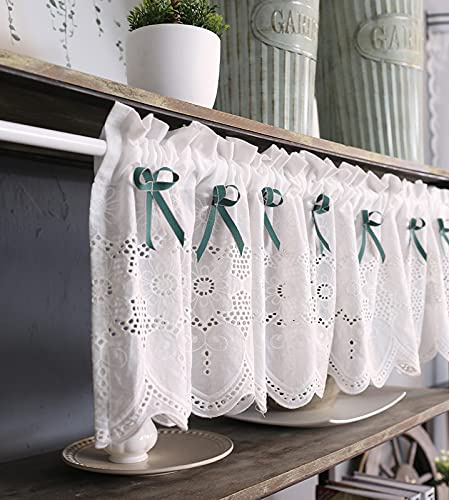 A.Monamour Gardine Scheibengardinen Kurzstores Weiße Baumwolle Bestickte Spitze Bauernhaus Küche Fenster Vorhang Volants Kleiner Halber Vorhang Schrank Vorhang Tür Vorhang Dunkelgrüne Schleife