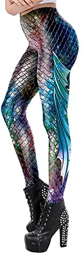 FEOYA Leggings de Halloween para mujer con estampado 3D, diseño de calabaza, galaxia, calavera, araña, escamas de peces S-XL, Galaxy-sirena, L