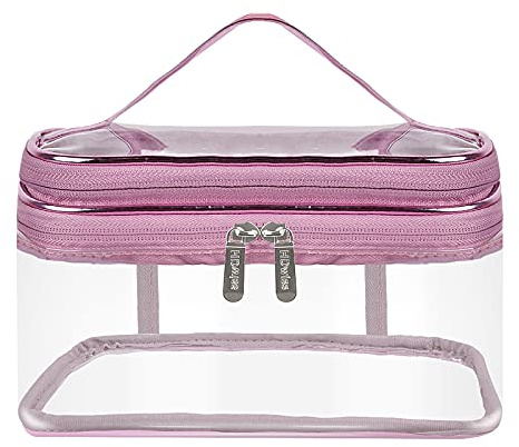 Jinlaili Kulturbeutel Transparent, 23 x 17 x 12 cm Doppelschichtige Kosmetiktasche Durchsichtig, wasserdichte Waschtasche Kosmetik, Make Up Tasche Groß, Kosmetikbeutel Klar für Reisen, Damen (Rosa)