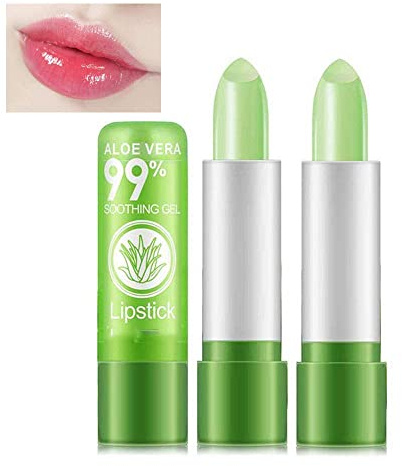 1/2Pcs Aloe Vera Lipstick, Long Lasting Nutritious Soothing Lip Balm, Lips Moisturizing Magic Temperature Color Change Lipstick, Lip Care (2Pcs)
