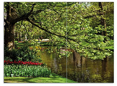 Wallario Herdabdeckplatte/Spritzschutz aus Glas, 2-teilig, 70x52cm mit 8 mm hohen Füßen, für Ceran- und Induktionsherde, Bunte Blumen im Park am Wasser - Frühblüher am Ufer