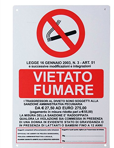 Hongu Cartello Vietato Fumare Legge 16 Gennaio 2003 N.3 - Art.51 20 x 30 Cm in PVC