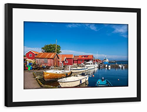 artboxONE Poster mit Rahmen schwarz 60x40 cm Boote, Hafen und Holzhäuser von Rico Ködder - gerahmtes Poster