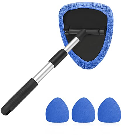 Windshield Cleaning Tool, Car Window Cleaner with Extendable Long Handle and 4 Washable Reusable Microfiber Pads, Auto Interior Exterior Glass Wiper Cleaning Kit Universal for Office and Home (Blue)
