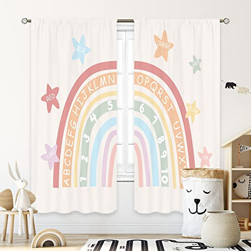 Cinbloo Regenbogen-Alphabet-Vorhänge, 107x160 cm, Stangentasche, ABC-Cartoon-Stern, lustig, für Kinderzimmer, Boho, pädagogische Kunst, bedruckt, für Wohnzimmer, Behandlungsstoff, 2 Paneele