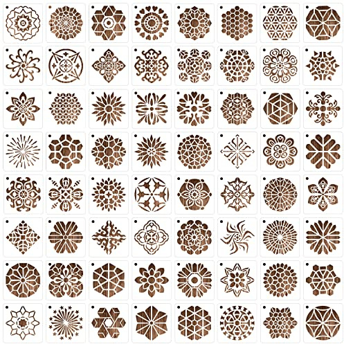 MWOOT 64 Piezas Mandala Painting Stencil,DIY Plástico Escala Plantilla para Pintar Reutilizable Template de Dibujo,Plantillas para Pintar en Piedra Roca Tela Parede Lienzos Decoración(7.62x7.62CM)