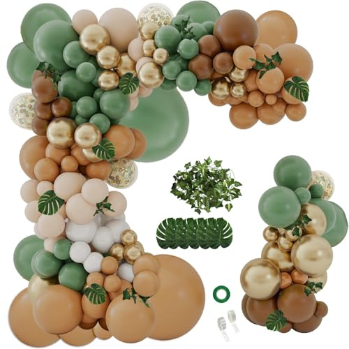 iLaFm 142PCS Sage Green Brown Balloon Garland Kit Jungle Safari Wild Woodland Balloon Arch Olive Green Gold Coffee Cocoa Balloons for Wedding Birthday Shower Party Decorations