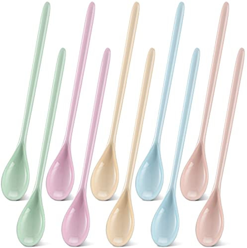 Lallisa 10 Pcs Long Handle Spoon 7.2'' Colorful Coffee Stirring Reusable Cute Plastic Spoons Mixing Iced Tea for Ice Cream Sundae Latte Chocolate Cocktail, Dishwasher Safe