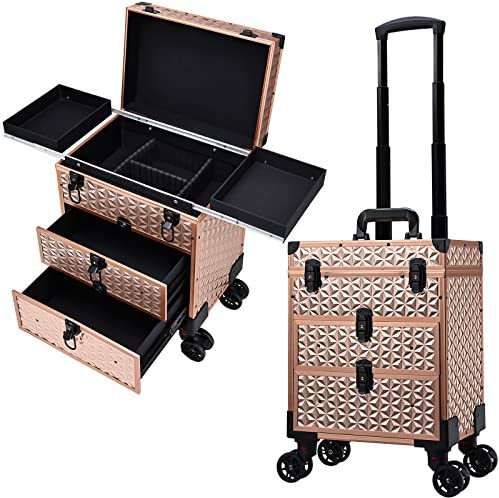 Beauty Trolley on Wheels Vanity Case Makeup Box Make Up Case On Wheels with Drawers Hairdressing Trolley Make Up Storage Organiser Box Nail Technician Case with Keys Rose Gold