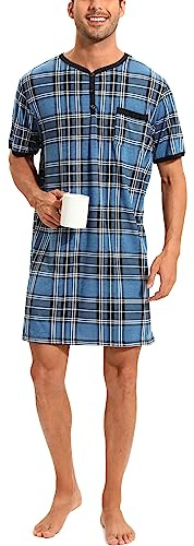 Yukiuiny Långärmad skjorta för män, knälång, jerseypyjamastopp, bomull, mjuk, luftig, sovskjorta, nattkläder för sjukhus, Kortärmad/rutig blå (94 % polyester + 6 % spandex), 3XL