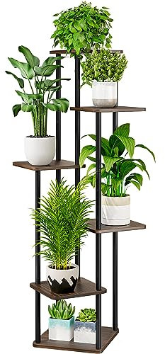 AZERPIAN Plant Stand 6 Tier Indoor Metal Flower Shelf for Multiple Plants Corner Tall Flower Holders for Patio Garden Living Room Balcony Bedroom, Black Oak