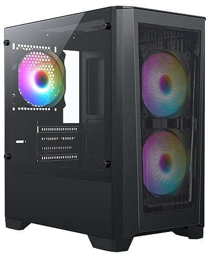 CiT Level 2 Airflow Micro-ATX PC Gaming Case M/ATX with Mesh Front Panel & Tempered Glass Side Panel with with 3 x RGB Rainbow Fans Included | Black