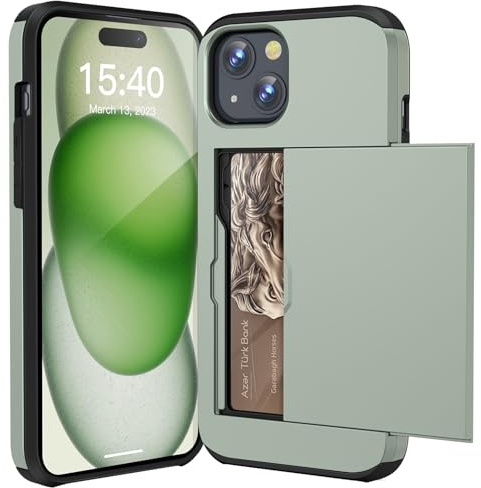 ACOCOBUY for iPhone 15 Case with Card Holder Sliding Cover 6.1 Army Green | Hidden Pocket IDs Credit Cards Slot Heavy Duty Shockproof Protective Dual Layer Wallet Phone Cover Back Shell for Men Women