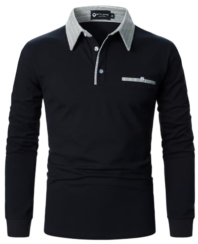 AIOIDI Men's Long Sleeve Polo Shirts Contrasting Colors Work Cotton Breathability Golf Tennis T-Shirt Blue L