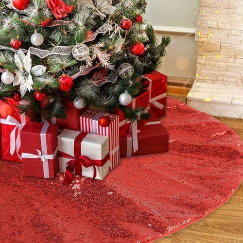 Micoden Weihnachtsbaum Decke,122CM Luxus Baumrock Glitzer Pailletten Weihnachtsbaum Rock Matte Doppelschicht baumunterlage Neujahr Weihnachtsdekoration für Feiertagsparty,Pailletten rot