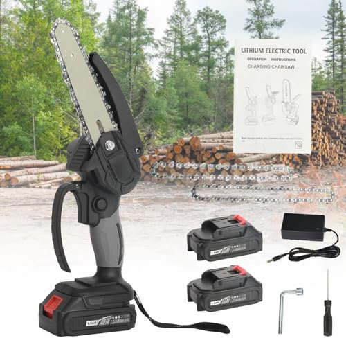 Mini motosega a batteria, motosega elettrica da 6 pollici con 2 batterie, motosega portatile a batteria, motosega leggera ideale per tagliare alberi per piccoli lavori di costruzione e disboscamento