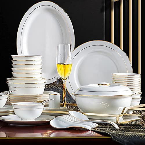 56-TLG.?Essservice, weißes Porzellan Bone China Kombi-Set Geschirrset mit Müslischalen Schalen Dessertteller Suppenteller Essteller mit Goldrand Service für 10 Personen