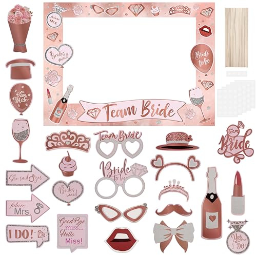Hochzeit Photo Booth Requisiten, Junggesellinnenabschied Team Bride Lustige Paper Selfie Fotorahmen mit Holzstab Und Klebepunkten fur Bachelorette Party Bridal Shower Frauen Deko Accessoires 30 Stück