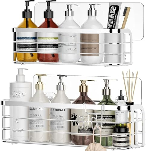 Luxear Mensola Doccia Adesivo 2 Pezzi, Senza Foratura, Portaoggetti Bagno, Grande Capacità, Con Gancio, Acciaio Inox Organizzatore per Bagno Cucina Doccia