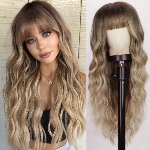 PORSMEER Lange Gewellt Braun-Mix blond Perücken mit Pony für Frauen,66cm Lange Locken Wig,Natürlich Synthetisches Haar Perücke für Tägliche Karneval Fasching