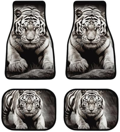 Universal Auto Fußmatten Set mit 4 Stück vorne & hinten Auto Fußmatten Full Sets Heavy Duty Non Slip Auto Boden Teppich Schwarz und Weiß Tiger Automatten für die meisten Limousine, SUV, LKW