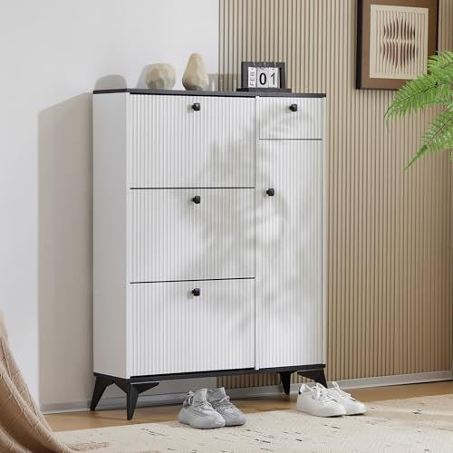 Lexiou Schuhschrank mit 3 Klappen, 1 Schublade und 1 Tür, Schuhregal, Schuhkipper schmal, Schuhschrank weiß