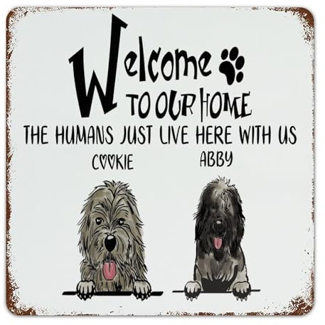 Dekoratives Metallschild mit Aufschrift Welcome to Our Home The Humans, für den Außenbereich, lustige Neuheit, Haustürschilder, personalisierbar, mit Hundename und Katze, Wanddekoration,