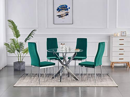 Moderno juego de mesa de comedor redonda de cristal transparente de 90 cm con 4 elegantes sillas de terciopelo Monza, color verde