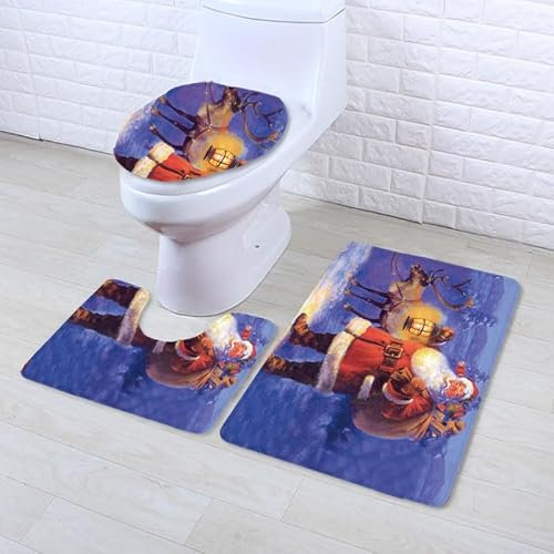 Bad Teppiche Set Lila Santa Claus Badezimmerteppich Waschbar WC Vorleger mit Ausschnitt und WC Deckelbezug 3 Teilig Badematte rutschfest Toilettensitzbezug Badgarnitur 50x80 cm