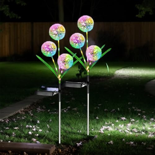 Hqynss Solar Lights for Outdoor Garden, 2 Pack Color Changing RGB LED Light Dandelion, IP65 Waterproof Solar Flower Lights for Lawn Yard Garden Terrace Ornaments, Outdoor Christmas Decorations