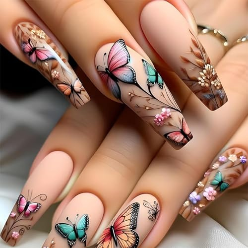 TELAIN Frühlings-Schmetterling-Blumen-Press-on-Nägel, Extra Lang, Ballerina-Falschnägel, Matt, Quadratisch, Acryl, Vollabdeckung, Kunststoff-Kleber-Nägel für Frauen und Mädchen, DIY-Nageldesign