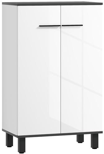 HOMCOM Armario de Baño Mueble Auxiliar de Baño con Puertas Estantes Ajustables y Sistema Anti-vuelco 60x34x94 cm Blanco Brillo