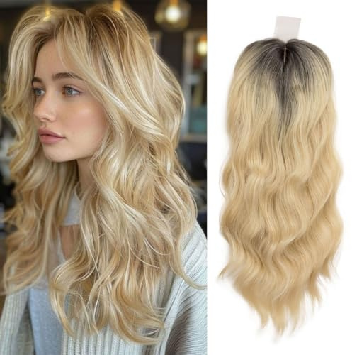 Haarteil mit Spitze vorne, gewellt, große Basisabdeckung, dünner werdendes Haar, zum Anklipsen, für Damen, Faser-Perücken mit Pony (Ombré-Blond)