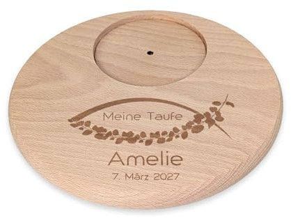 Striefchen® Personalisierter Kerzenhalter aus Holz zur Taufe, Kommunion oder Konfirmation – Untersetzer für Kerzen mit Name, Datum & Wunschtext – Kerzenteller aus Buchenholz