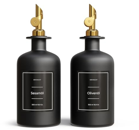Greymount ® Essig und Ölflaschen Set - 2er Pack Ölspender 500ml | Ölflasche aus Glas mit Ausgießer Gold für Olivenöl, Essig und mehr | Perfekt für Kochen, Salate und BBQ