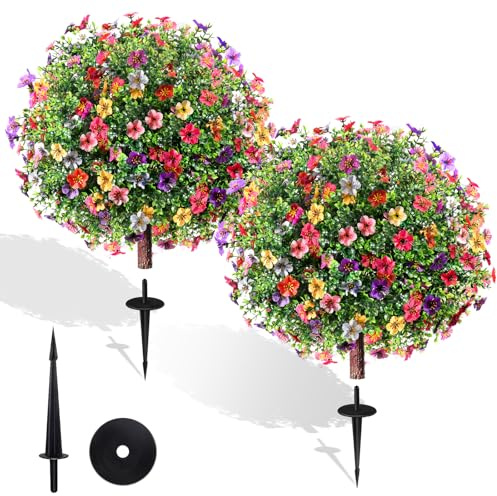 27.5 Artificial Flowers Boxwood Topiary Ball Tree Set of 2, UV Resistant Fake Bushes Shrubs with Ground Spike, Faux Evergreen Tree for Front Porch Outdoor Garden Decor