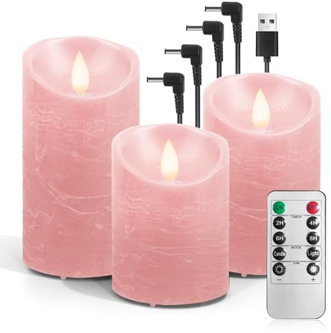 AnnSpa 3 Set LED Candles USB Rechargeable with Remote Control and Timers, USB Charging Electric Candle, Moving Wick Flickering, Flameless Real Wax Pillar Candles for Party Garden Decoration - Pink