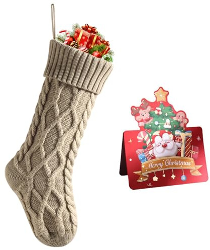 meioro Weihnachtsstrumpf, 46cm Hängende Kabel Weihnachten Stocken Nikolausstrumpf, Weihnachtsdekorationen für Familie Party Kamin Weihnachtsmann Dekoration Nikolaussocke Weihnachtsstrümpfe (Khaki, 1p)