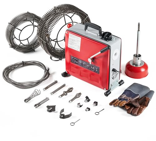 ZELCAN 850W Macchina Sturatubi Elettrica, Macchina per la Pulizia dei Tubi della Coclea, Pulitore Elettrico di Scarico per Tubi da 20-200 mm, Drenaggio a Spirale con Scovolini Teste e 27m Molle