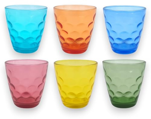 KORAT Set 6 Bicchieri Colorati in Vetro 3 Fantasie – 6 Colori – Bicchieri Acqua, Bevande, Cocktail – Alta Qualità, Lavabili in Lavastoviglie, 250-285 ml (Multicolore, 285 ML, Bolle)