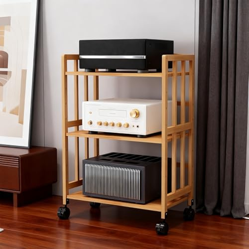 LIMENQIN Mobiles Bambus Audio-Rack, AV-Medienständer auf Rollen, HiFi Rack Schallplatten Regal, Offener Plattenspieler Schrank, mit Verstellbaren Einlegeböden(Natural,3 Tier 60x38x88cm)