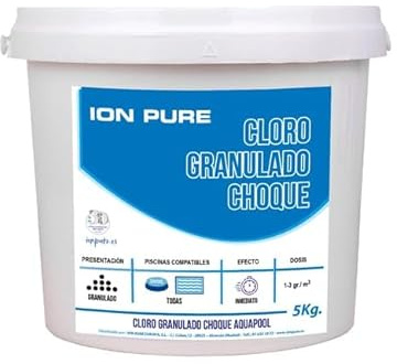 Ion Pure Cloro Choque Accion Rapida, recuperador Agua Piscina deteriorada, Alta solubilidad, granulado 5 kg