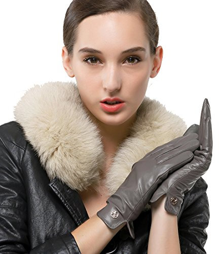 Nappaglo Damen Italienisches Lammfell Leder Handschuhe Touchscreen Winter Warm Langes Fleecefutter Handschuhe (M (Umfang der Handfläche:17.8-19.0cm), Grau(Non-Touchscreen))