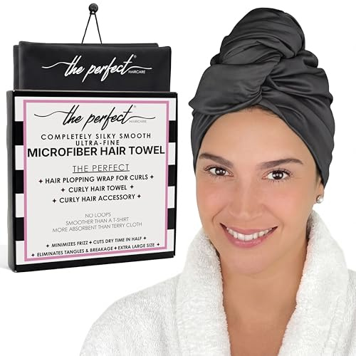 THE PERFECT HAIRCARE Microfiber Hair Towel Wrap Ultra-Fine Anti-Frizz Turban That Never Falls Off - Curly Girl Method Approved & Big (40' x 27.5)