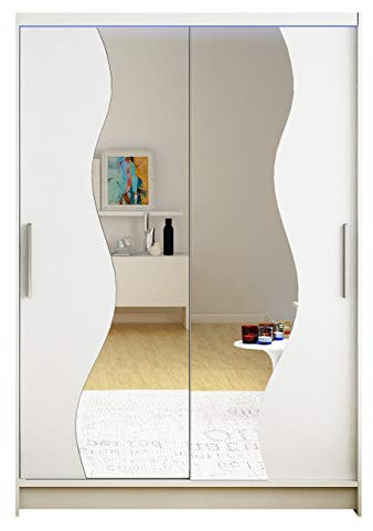 Miami S Armoire avec miroir, largeur 120 cm, armoire à portes coulissantes avec tringle à vêtements et étagère, garde-robe, chambre à coucher, couloir et couloir (blanc + miroir, avec éclairage LED