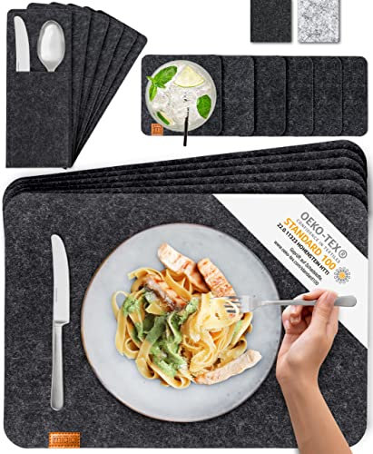 MIQIO Tischset aus Filz - 18er Tisch Untersetzer-Set - Filz Tischset abwaschbar - 6 Platzsets, Glasuntersetzer, Bestecktaschen | dunkelgrau | Filzuntersetzer eckig