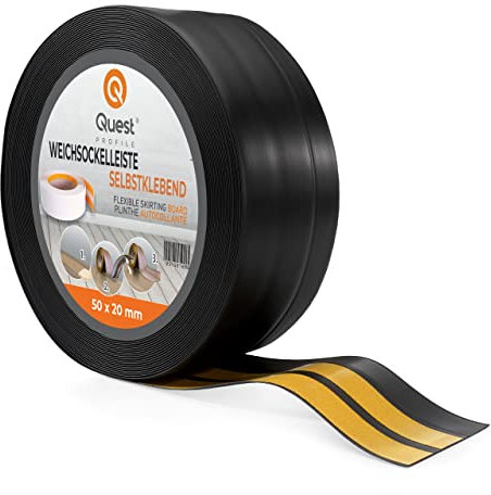 Quest Battiscopa Morbido Adesivo - 50 mm x 20 mm - Listello in PVC, Finitura Flessibile, Profilo Angolare per Cucina, Bagno, Parete, Pavimento - Decorativo (Nero, 25m)