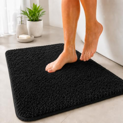 Floordirekt Badematte Sky - Badezimmerteppich - Weicher, dichter Hochflor - Rutschhemmend & Schnell trocknend - Geeignet für Fußbodenheizung - Eckig & Rund (70 x 120 cm, Schwarz)