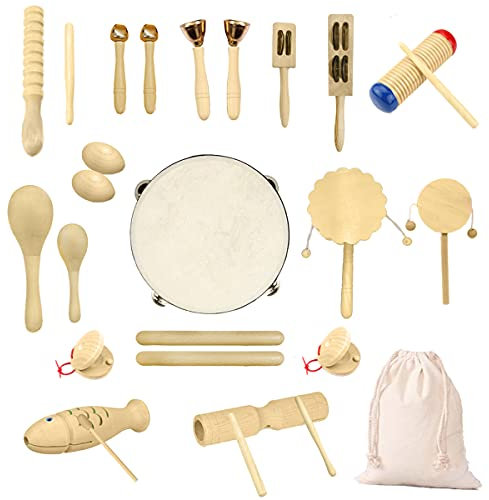 Holz Musikinstrumente Set, Ulifeme 27 Stück Instrumente für Kinder, Kleinkinder und Baby, Reines Holz Percussion Musikinstrumente Spielzeug, Musik Rhythmus Instruments Set Verpackt in Baumwolltasche