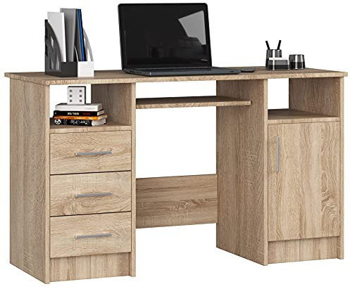 AKORD Schreibtisch ANA 124 cm | mit 1 Tür und 3 Schubladen | Office Desk | Computertisch | Bürotisch | PC-Schreibtisch | B124 x H74 x T52 cm | Gewicht 46,40 kg | Sonoma Eiche/Sonoma Eiche